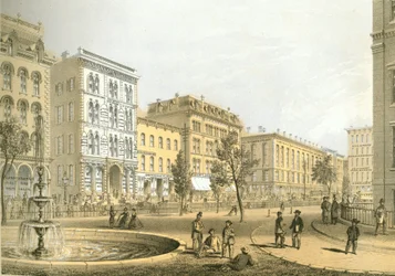 LaSalle Street vanaf Courthouse Square, uit Chicago Illustrated, met literaire beschrijvingen door James W. Sheahan, uitgegeven door Jevne & Almini, Chicago, 1866-67
