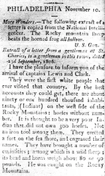 Brief waarin de aankomst van kapiteins Lewis en Clark wordt aangekondigd, uit The Boston Intelligencer, 19 november 1806