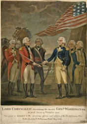 Lord Cornwallis geeft zijn zwaard over aan Genl. Washington in York Town