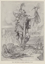 Mars, de Romeinse god van de oorlog met schoppen en prikkeldraad gebruikt in loopgravenoorlog (litho)