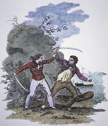 Mary Read vecht met een andere piraat om het leven van haar mannelijke geliefde te redden