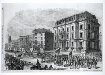 New York City: Demonstratie van de gekleurde inwoners van New York ter ere van de goedkeuring van het vijftiende amendement op de Grondwet van de Verenigde Staten, 8 april 1870, uit 
