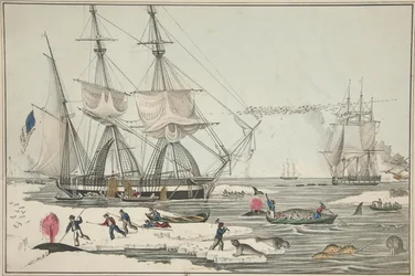 Noordzee Walvisvangst, uitgegeven 1860 (kleur litho)