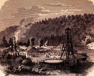 Olievelden in Titusville in Pennsylvania, met eerste boortoren uitgevonden door Edwin Laurentine Drake in 1859, gravure, VS