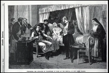 Uitvoering van de Bloedtransfusie in het Pitié-ziekenhuis, Parijs, Frankrijk, illustratie uit de American Scientist