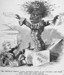 Politieke cartoon die president Andrew Jackson (1767-1845) afbeeldt die bang is voor het vooruitzicht van de zwarte stem in Amerika