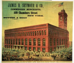 Poster die James H. Seymour & Co. Commission Merchants bij de New York Produce Exchange adverteert, gegraveerd door Sacket, Wilhelms en Betzig, ca. 1885