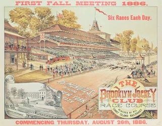 Poster die The Brooklyn Jockey Club Race Course adverteert, 1886