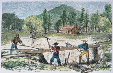 Goudzoekers Gebruiken een Sluice tijdens de California Gold Rush van 1849