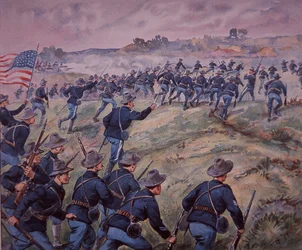 Spaans-Amerikaanse Oorlog 1898, Amerikaanse troepen bestormen San Juan Heights in Cuba (kleur litho)