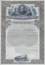 Voorbeeld obligatiecertificaat voor 1000 dollar voor de Chicago, Rock Island and Pacific Railway Company, 1898