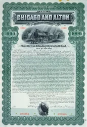 Voorbeeld obligatiecertificaat voor 1000 dollar voor de Chicago and Alton Railroad Company, 1899