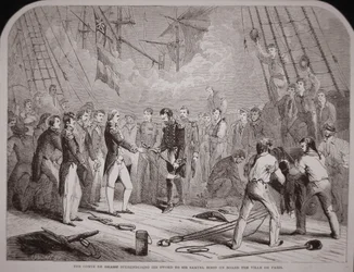 De Comte de Grasse geeft zijn zwaard over aan Samuel Hood op de 