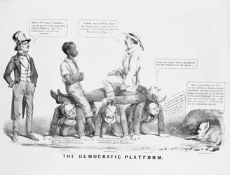 "Het Democratische Platform" politieke cartoon over de standpunten van de Democratische partij over slavernij, ca. 1856