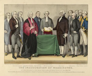 De Inhuldiging van Washington als Eerste President van de Verenigde Staten, 30 april 1789, In het Oude Stadhuis, New York, pub.1876