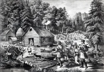 Het huis van de pionier aan de westelijke grens, uitgegeven door Currier en Ives