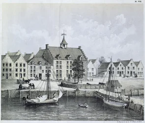 Het Stadthuys van New York in 1679, hoek van Pearl Street en Coentijs Slip, uit Journal of a Voyage to New York in 1679-80 door Jasper Danckaerts (b.1639) en Peter Sluyter (1645-1722), gepubliceerd 1867
