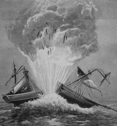 De eerste torpedo, uitgevonden door Robert Fulton (1765-1815) blaast de Deense brik 