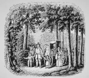 Thomas Hooker leidt zijn parochianen de wildernis van Connecticut in (litho)