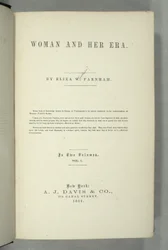 Titelpagina van Vrouw en Haar Tijdperk door Eliza Wood Farnham (1815-64) gepubliceerd in New York, 1864