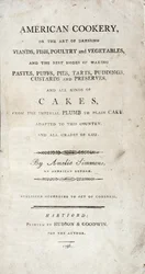 Titelpagina van American Cookery, geschreven door Amelia Simmons, uitgegeven door Hudson & Goodwin, 1796