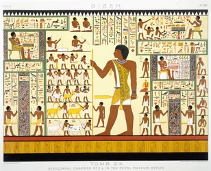 Graf 24, grafkamer nr. 2a, uit Gizeh, Volume II, plaat XIV uit, Vol 2 Oud Egypte door Samuel Augustus Binion, gepubliceerd 1887 (getinte chromolitho)