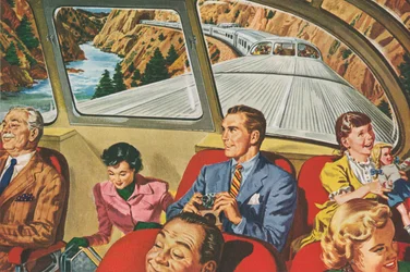 Reizigers genieten van een futuristische treinreis