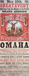 Union Pacific Railroad poster die de eerste transcontinentale spoorlijn door de VS adverteert