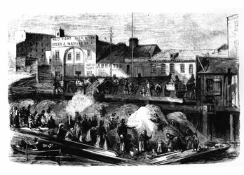 Zwerver verzamelen lompen om te verkopen van de vuilnisbelt van Beach Street, New York, ca. 1870