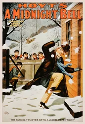 Vintage poster van jongens die een man met sneeuwballen bekogelen, 1890-99