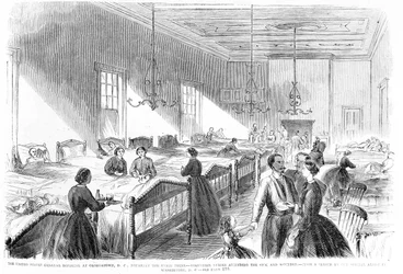 Vrijwillige verpleegsters die de zieken verzorgen in het US General Hospital in Georgetown, uit Frank Leslies Illustrated Newspaper, 6 juli 1861