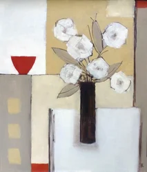 Rode kom, witte bloemen
