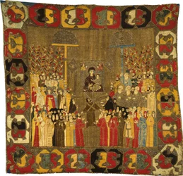 Palmzondagprocessie in Moskou op 8 april 1498. Zoe Palaiologina met dochters links onder, Ivan III, Elena van Walachije, 1498