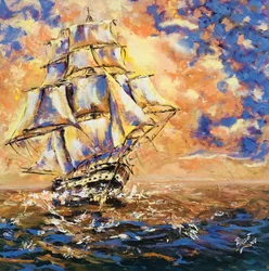 Grootzeilschip bij zonsondergang