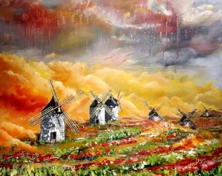 Windmolens boven vurige velden