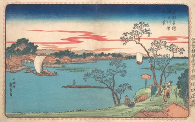 Een uitzicht op kersenbomen in blad langs de Sumida-rivier