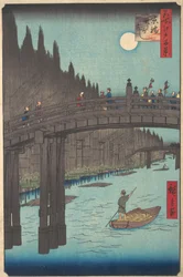 Volle maan boven kanaal, met brug en enorme stapels bamboe langs de oever, ca. 1857