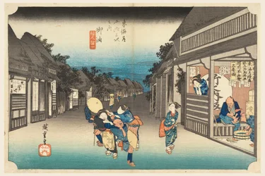 Goyu, vrouwen houden reizigers tegen, in De drieënvijftig stations van de Tokaido-weg (Tokaido Gojusan Tsugi-no Uchi)