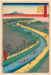 Slepen van kanaalboten, Yotsugi Road (Yotsugi-dori, yosui hikifune) Uit de serie Honderd beroemde uitzichten van Edo