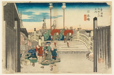 Nihonbrug, Ochtendzicht, Nihonbashi, in De Drieënvijftig Stations van de Tokaido-weg (Tokaido Gojusan Tsugi-no Uchi)