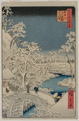 Schilderij van schemering bij de Drum Bridge in Meguro