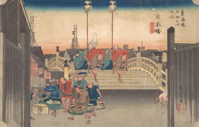 Stations Eén: Ochtendzicht op Nihonbashi, ca. 1833-34