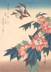 Zwaluwen en ijsvogel met rozen, ca. 1838