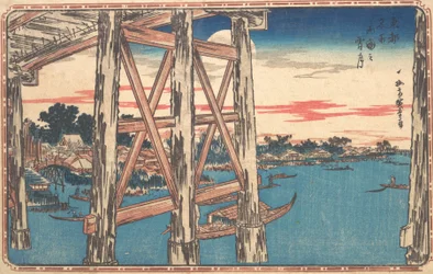 Schemering Maan bij Ryogoku Brug