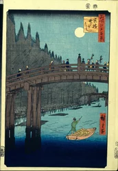 Japanse prent: De bamboekade bij de Kyobashi-brug (Tokio, Japan). Serie honderd beroemde uitzichten van Edo