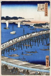 Honderd beroemde uitzichten van Edo: Rivieroever bij de Ryogoku-brug