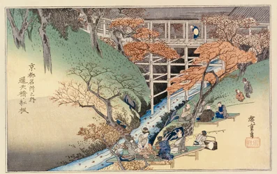 Rode esdoornbladeren bij Tsuten-brug, uit de serie "Beroemde plaatsen van Kyoto"