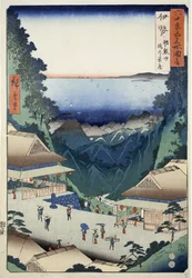 Theehuisjes bij de pas op de berg Asakuma in de provincie Ise, nr. 7 uit de serie Afbeeldingen van beroemde plaatsen in de zestig-odd provincies, 1853