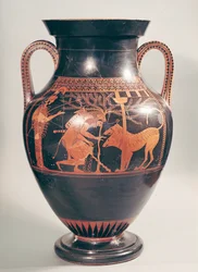 Attische roodfigurige buikamfoor met Herakles die Kerberus vangt, Grieks, uit Athene, 6e eeuw v.Chr.