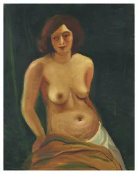 Borstbeeld van een zittende topless vrouw